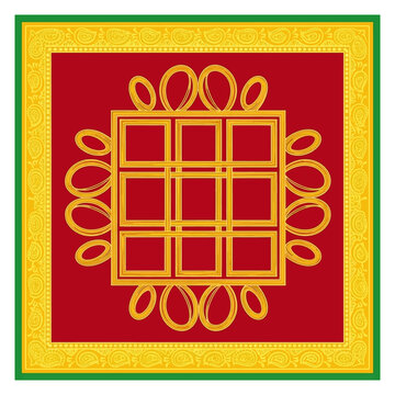 Golden geometric pattern with red background and yellow border