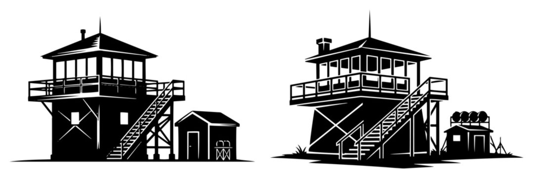 Fire lookout towers with stairs and wooden cabins in black and white graphic style
