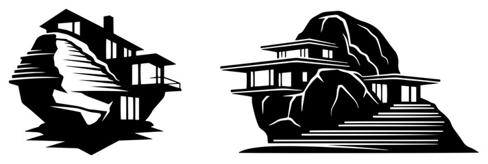 Modern minimalist houses built into natural rocky boulders in clean black and white style © Camel