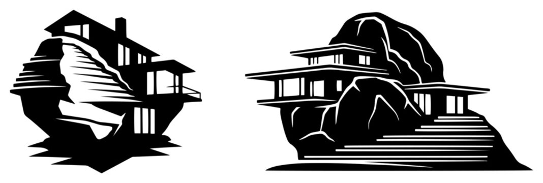 Modern minimalist houses built into natural rocky boulders in clean black and white style