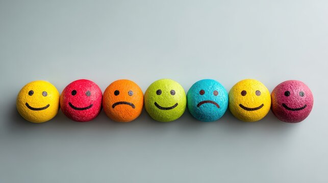 Colorful Emotion Balls Display Smiley Faces and Frowny Faces Representing Different Emotions in a Playful and Creative Arrangement on a Light Background