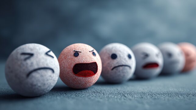 Diverse Emotions Depicted by Colorful Ball Characters Representing Different Feelings on a Soft Textured Surface