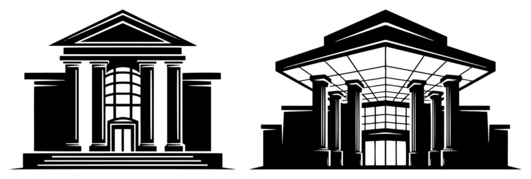 Classical museum and modern hall silhouettes with columns in architectural vector style