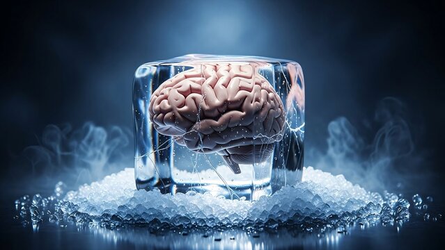 Highly detailed close-up of a human brain submerged in a glass of water with ice cubes on dark background representing mental clarity and cognitive health concept