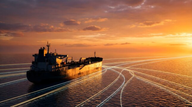 Cargo ship sailing on ocean with glowing digital trade routes
