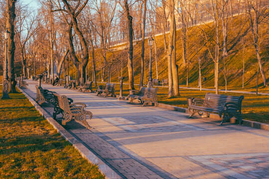 Beautiful park at sunrise time on Volodymyrska girka park in Kyiv, Ukraine