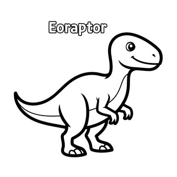 Black and white outline drawing of a cute cartoon Eoraptor dinosaur, standing and smiling, suitable for coloring.