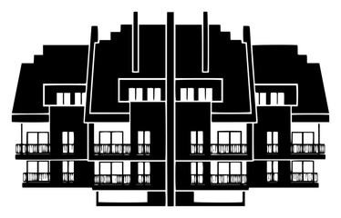 Naklejka premium Multi family apartment building with balconies and steep roofs in black and white silhouette style