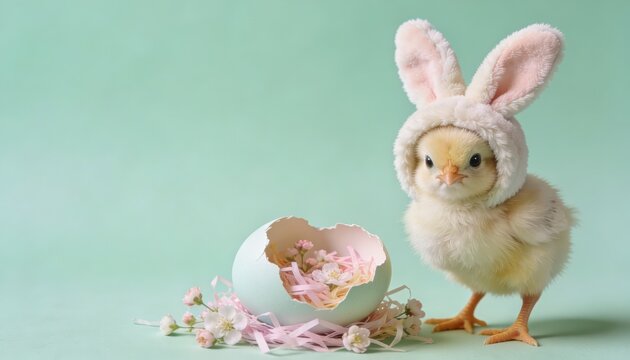Chick with bunny ears beside an eggshell.