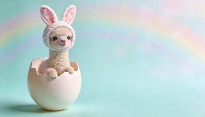 Fototapeta premium Cute llama in an egg, wearing bunny ears.