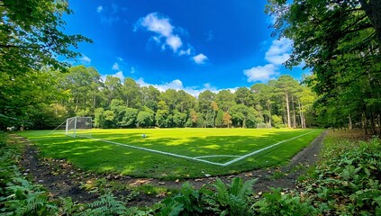 Fototapeta premium Empty Green Soccer Field Surrounded by Forest Under Bright Blue Sky