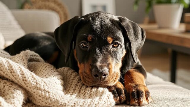 A cute rottweiler puppy resting comfortably on a cozy blanket, enjoying a playful moment while relaxing indoors