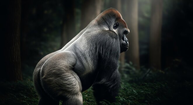 Silverback gorilla in deep thought walking through dense green forest at dusk