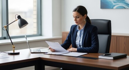 Fototapeta premium A businesswoman in a suit working at a desk with a laptop and documents.