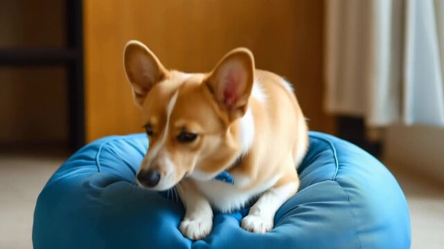 Charming welsh corgi Pembroke dog wearing a stylish polka dot bowtie while resting comfortably on a soft blue beanbag bed, curiously looking around the room with its expressive brown eyes