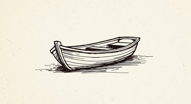Hand-drawn wooden rowboat floating on calm water minimalist line art illustration