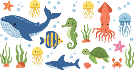 Fototapeta premium Cute colorful underwater sea animals set with whale, shark, jellyfish, squid, seahorse, turtle, fish and starfish vector illustration for kids design