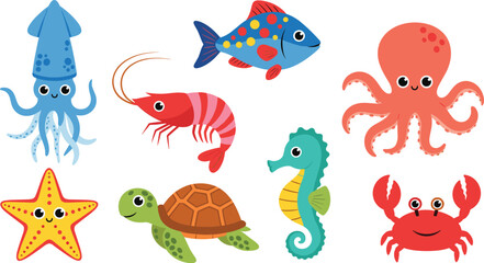 Obraz premium Cute cartoon sea animals collection with squid, fish, shrimp, octopus, turtle, seahorse, crab and starfish vector illustration for kids design