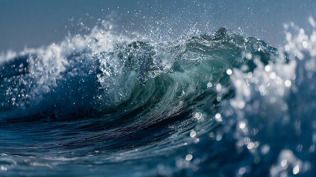 Awesome photo of powerful ocean wave cresting with spray and sunlight glistening on the water.