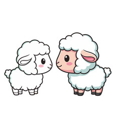 Obraz premium Charming graphic illustration of two adorable fluffy white cartoon lambs sweetly facing each other. Ideal for whimsical animal themes and delightful children's designs