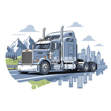 A detailed illustration of a silver semi-truck driving on a road with a city skyline and mountains in the background.