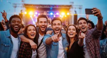 Obraz premium A group of people at a music festival, taking a selfie with a smartphone.