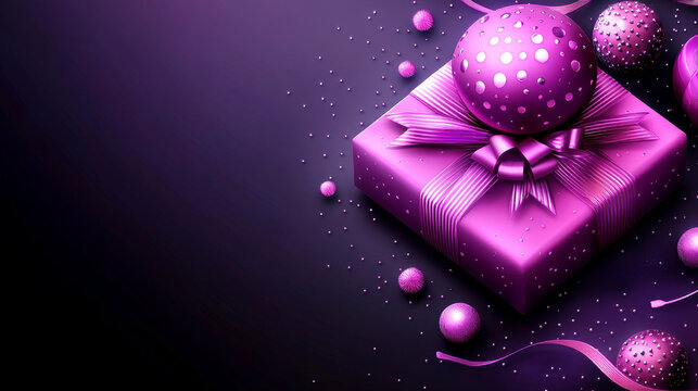 Elegant purple gift is beautifully arranged with baubles and decorative ribbon, radiating a festive holiday celebration atmosphere