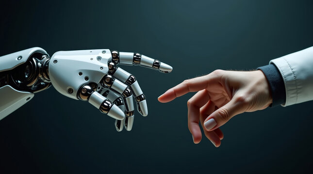 Human hand and robotic hand reaching for contact on dark background, Concept of human-robot interaction, cooperation and future technological evolution