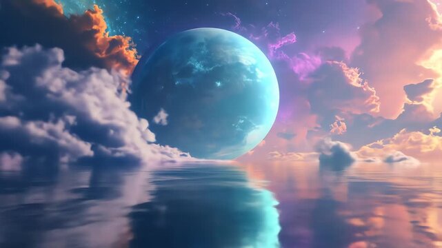 Cosmic planet floating above water surface reflected in calm waters