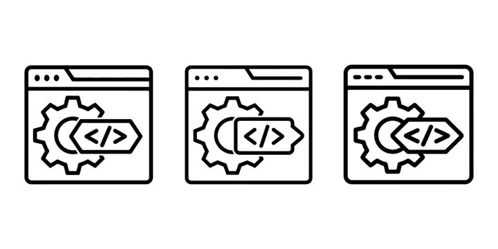 Set of three line art icons symbolizing programming and coding with gears and code tags inside browser windows illustrating development and settings on white