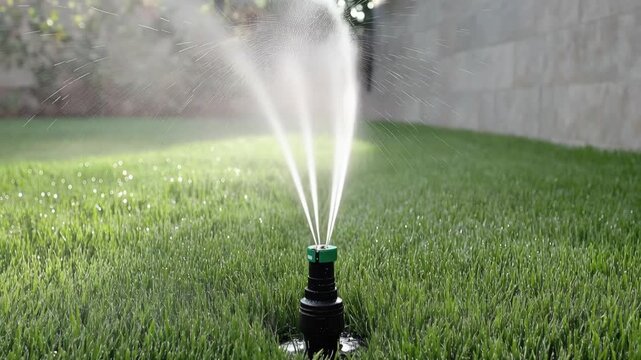 Automatic sprinkler head rotating and spraying water jets across a lush green lawn during a sunny day, providing essential irrigation for yard maintenance and promoting healthy plant growth