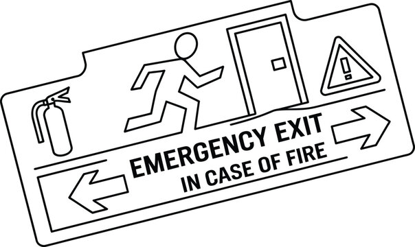 Standard safety sign indicating the emergency exit route and fire evacuation procedures for public building occupants