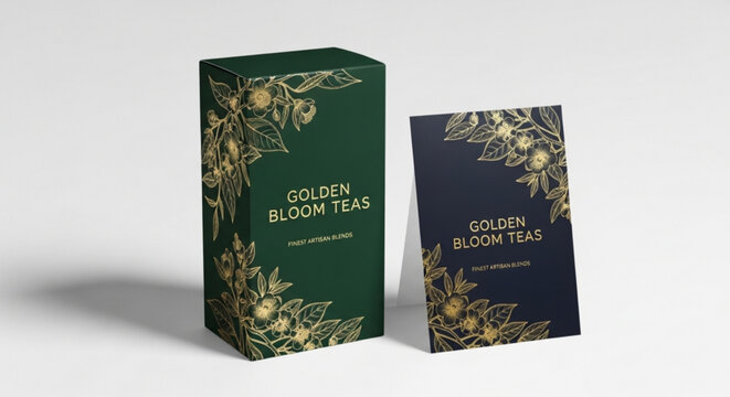 Tea packaging with floral design on green and black background