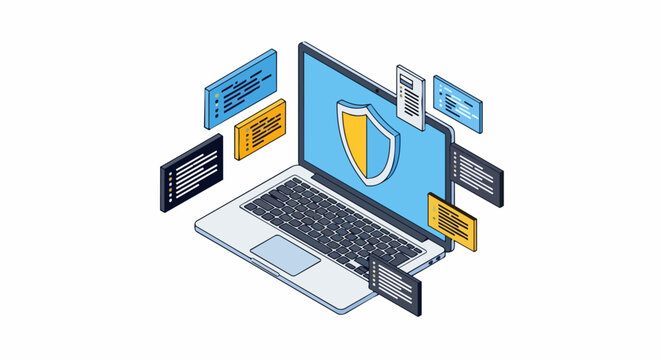 Isometric Cybersecurity and Data Protection Concept Laptop with Shield and Secure Code Windows