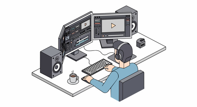 Professional Video Editor Working in Creative Studio with Dual Monitor Setup, Isometric Illustration