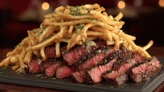 Juicy Sliced Steak Topped With Crispy French Fries