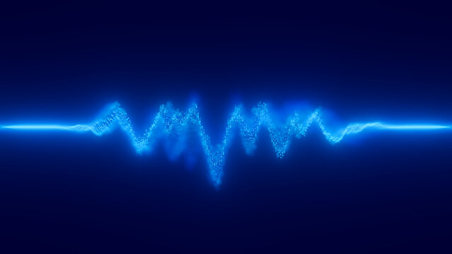 Audio blue waveform digital particle wave background. Abstract music dot waves equalizer. Futuristic point sound wave visualization. AI synthetic voice technology. Distorted dot frequencies.