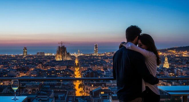 Couple embracing city view sunset