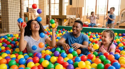 Fototapeta premium A joyful African American family is playing in a large indoor ball pit. A mother and father are laughing and reaching for colorful balls, while their young daughter smiles excitedly.