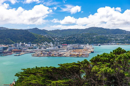 Wellington, New Zealand - 18 February 2026: View of the bustling Port of Wellington, a vibrant hub where the turquoise harbor meets the city's skyline amid rolling green hills.