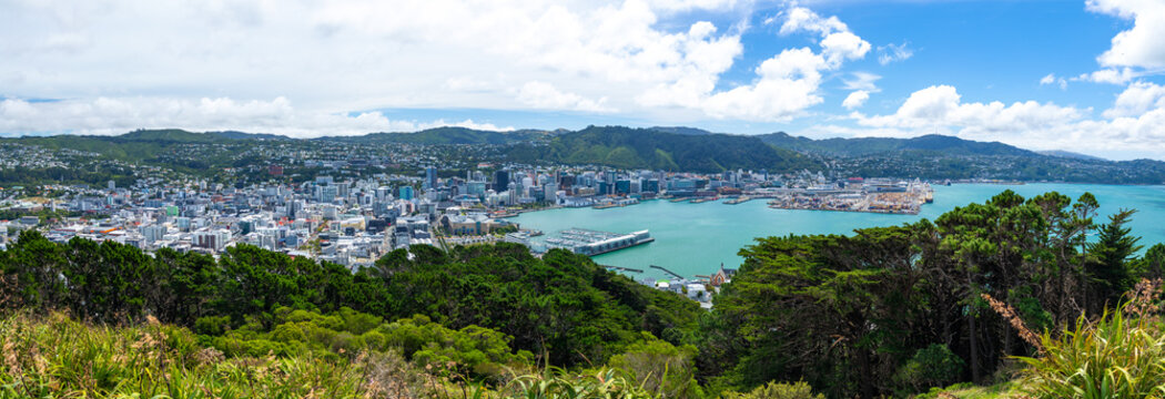 Wellington, New Zealand - 18 February 2026: View of the city skyline, harbor, and Port of Wellington blending into the lush green hills under a vast sky.