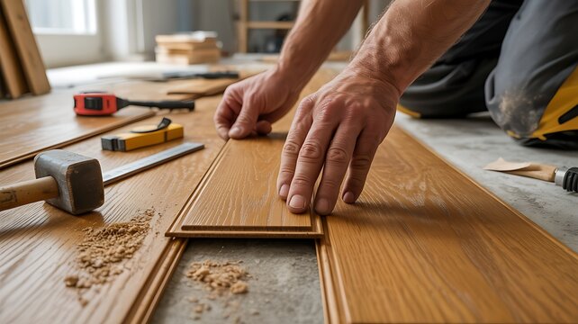 Professional worker installing new laminate wood flooring planks in an unfinished room during home renovation