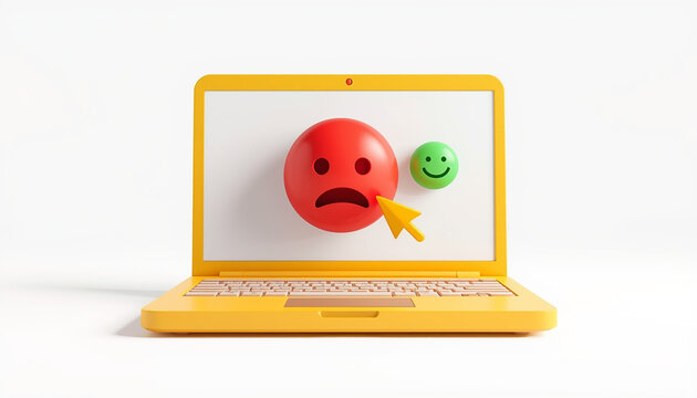 A yellow laptop displays a red sad emoji and a green happy emoji on its screen