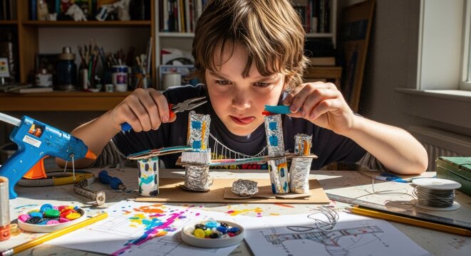 A young boy in a black shirt is sitting at a table with various art supplies, including a glue gun, scissors, and construction paper. 