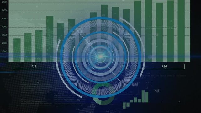 Animation of scope scanning over data processing with globe on black background