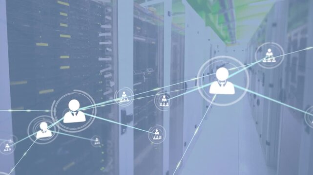 Animation of network of connections with people icons over computer servers