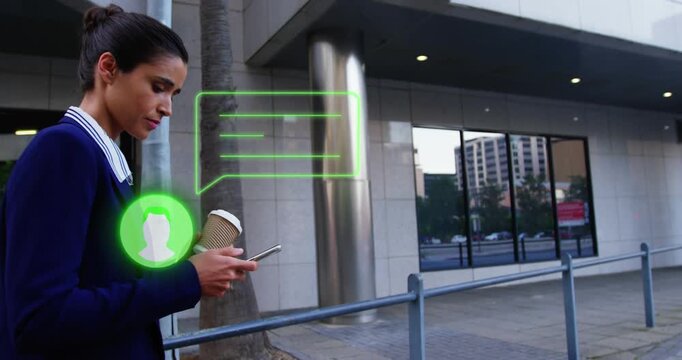 Animation of person icon and speech bubble over woman walking in street using smartphone