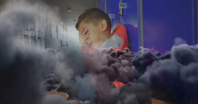 Animation of grey clouds over schoolboy crying