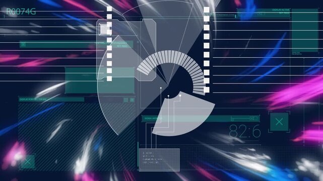 Animation of circles and digital time with abstract pattern and multicolored air waves