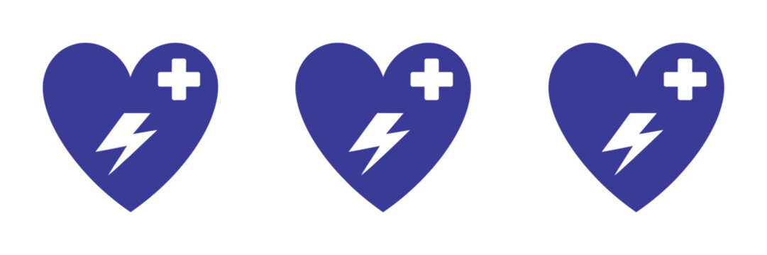 AED icon set, automated external defibrillator symbols with heart and electricity signs, emergency medical device icon collection, clean modern vector illustration for healthcare and safety use.